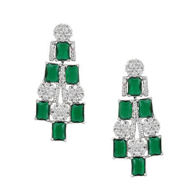 Estele Rhodium Plated CZ Shimmering Earrings with Green Stones for Women