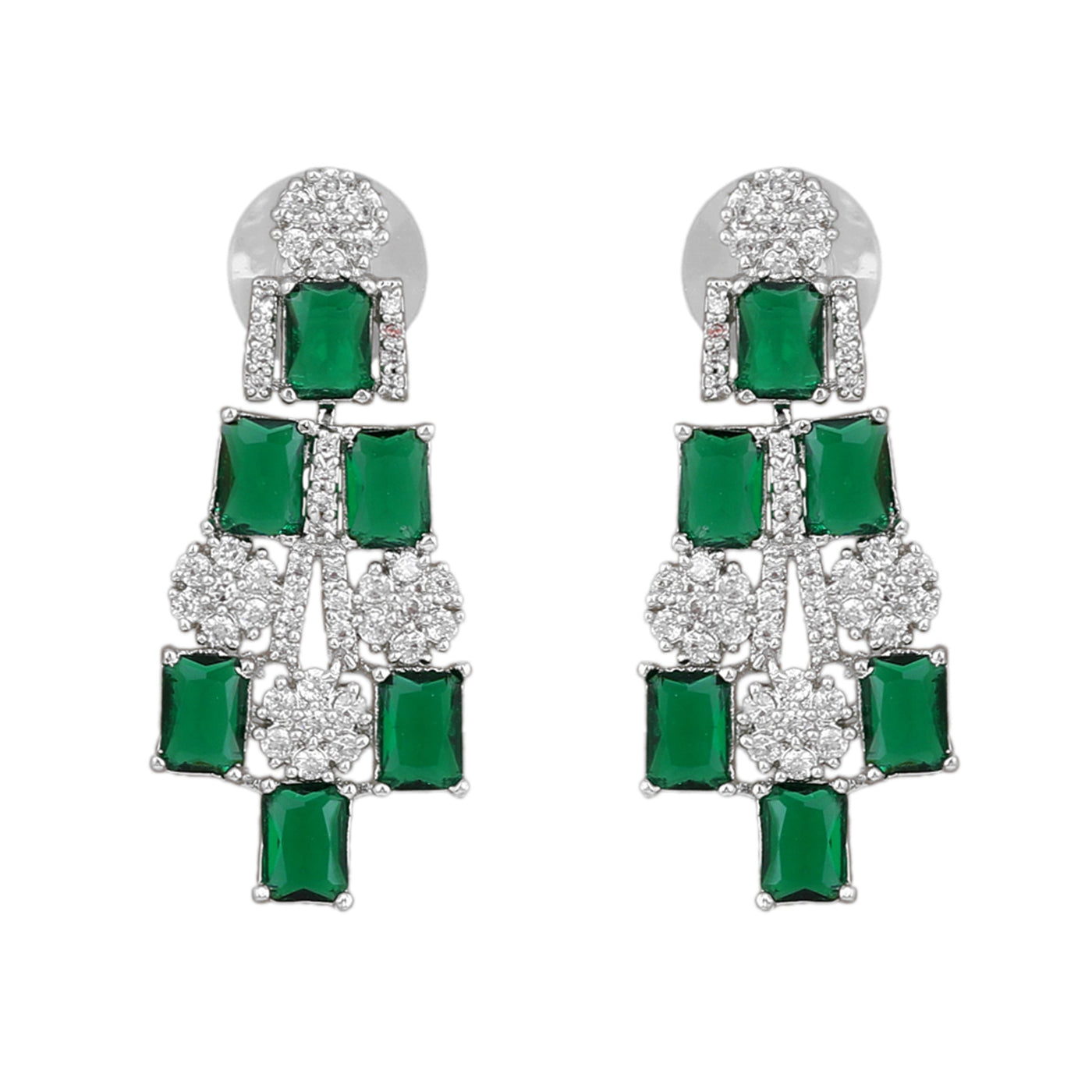 Estele Rhodium Plated CZ Shimmering Earrings with Green Stones for Women