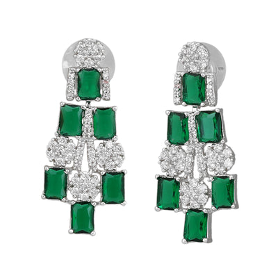 Estele Rhodium Plated CZ Shimmering Earrings with Green Stones for Women