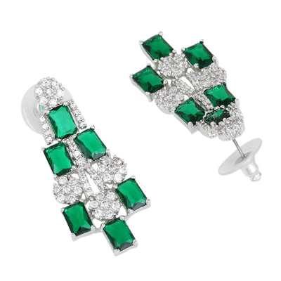 Estele Rhodium Plated CZ Shimmering Earrings with Green Stones for Women