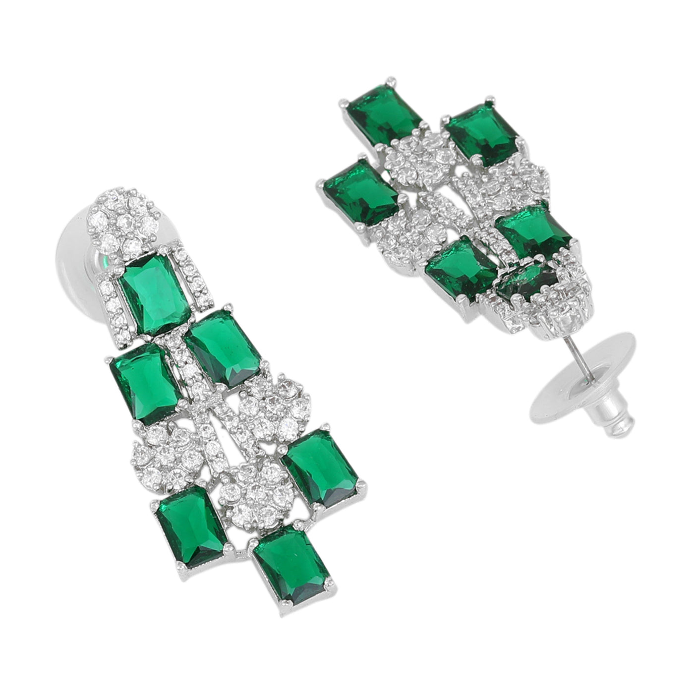 Estele Rhodium Plated CZ Shimmering Necklace Set with Green Stones for Women