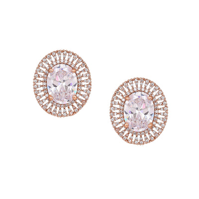 Estele Rose Gold Plated CZ Circular Designer Stud Earrings with White Stones for Women