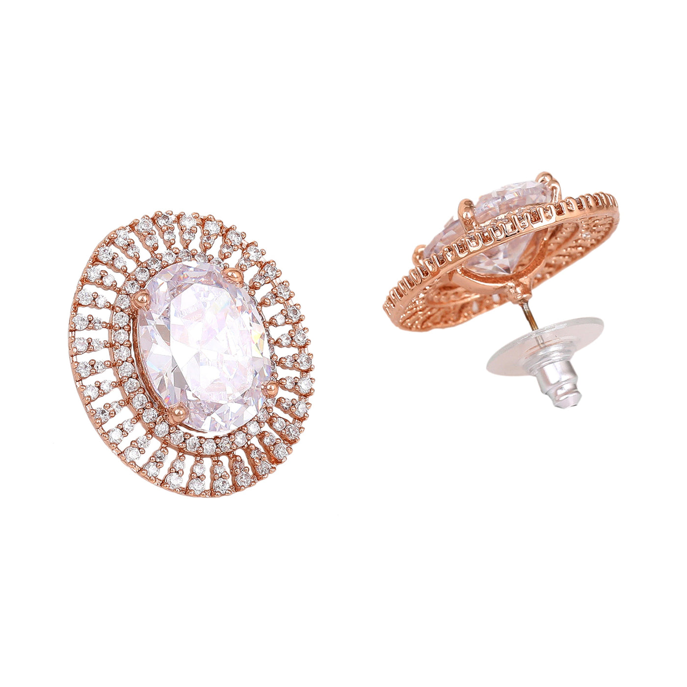 Estele Rose Gold Plated CZ Circular Designer Stud Earrings with White Stones for Women