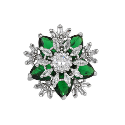 Estele Rhodium Plated CZ Captivating Floral Finger Ring with Green Stones for Women(Adjustable)