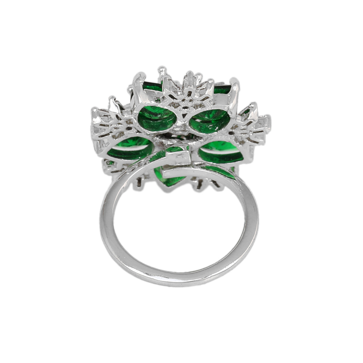 Estele Rhodium Plated CZ Captivating Floral Finger Ring with Green Stones for Women(Adjustable)