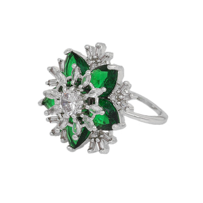 Estele Rhodium Plated CZ Captivating Floral Finger Ring with Green Stones for Women(Adjustable)