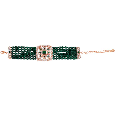 Estele Rose Gold Plated CZ Ravishing Multi-Layered Bracelet With Green Stones For Women