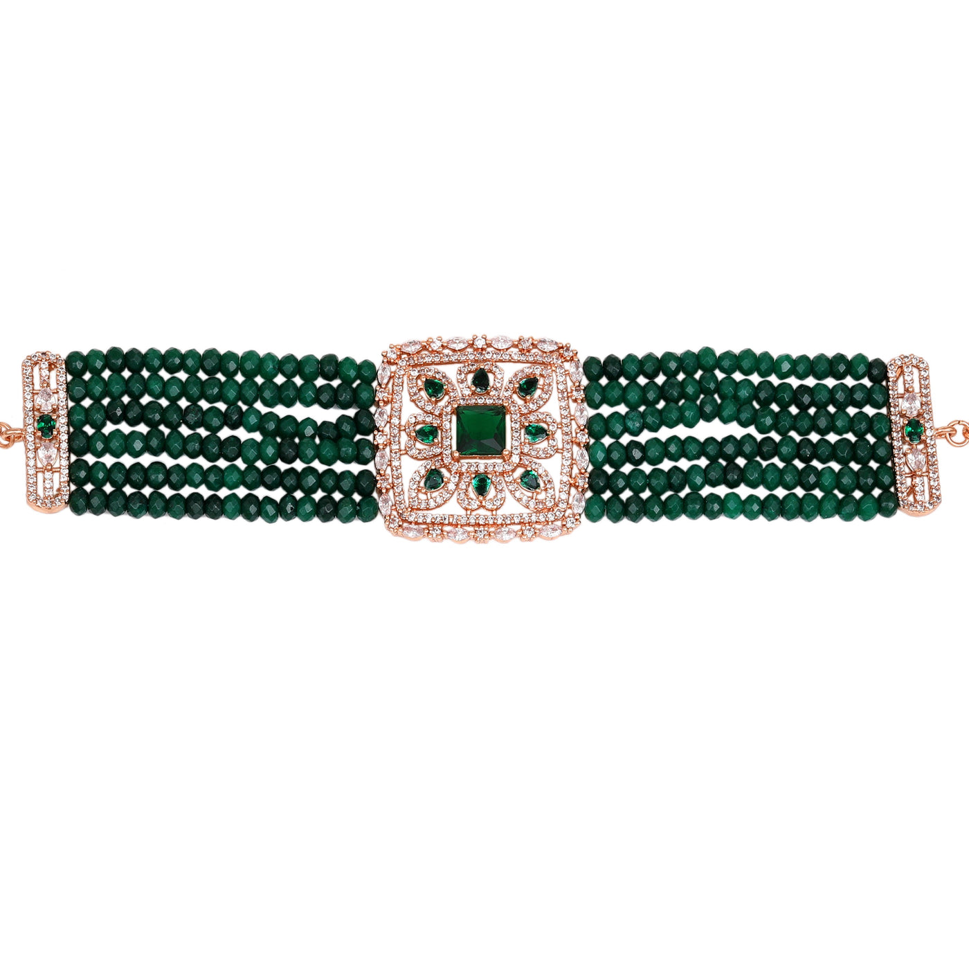 Estele Rose Gold Plated CZ Ravishing Multi-Layered Bracelet With Green Stones For Women