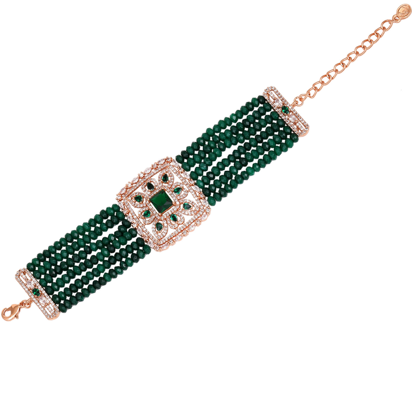 Estele Rose Gold Plated CZ Ravishing Multi-Layered Bracelet With Green Stones For Women