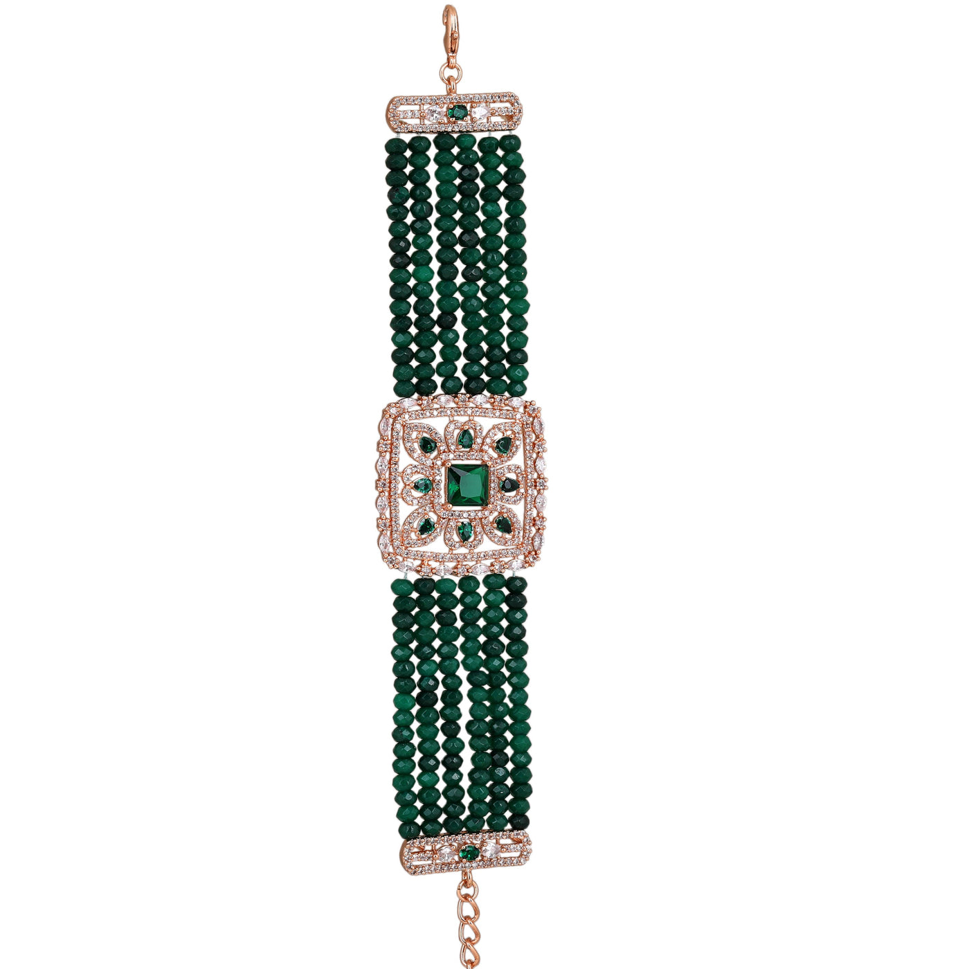 Estele Rose Gold Plated CZ Ravishing Multi-Layered Bracelet With Green Stones For Women