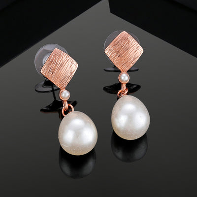 Estele Rose Gold Plated Textured Pearl Drop Earrings for Girls and Women