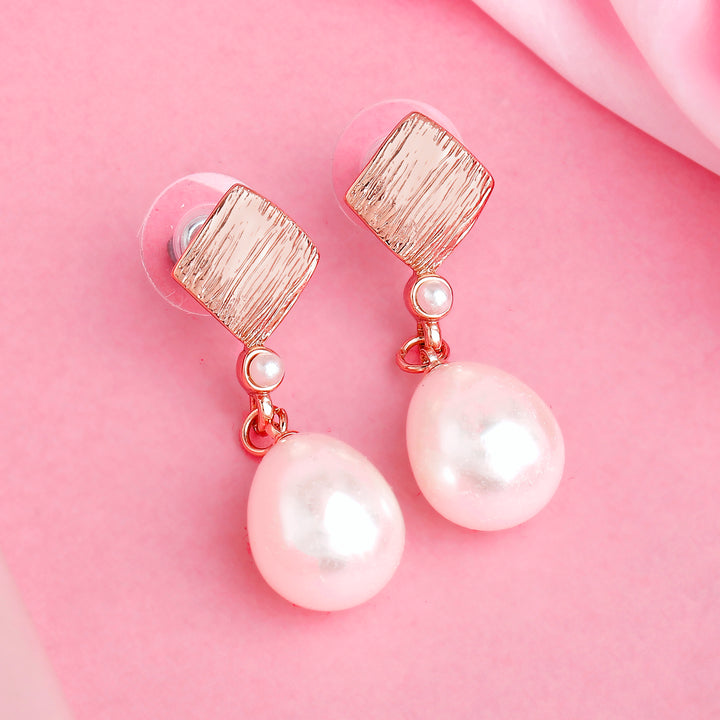 Estele Rose Gold Plated Textured Pearl Drop Earrings for Girls and Women