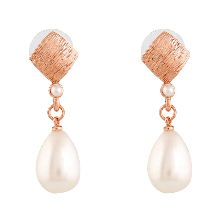 Estele Rose Gold Plated Textured Pearl Drop Earrings for Girls and Women