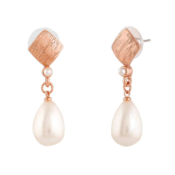 Estele Rose Gold Plated Textured Pearl Drop Earrings for Girls and Women