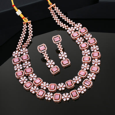 Estele Rose Gold Plated CZ Captivating Double Layered Necklace Set with Mint Pink & White Crystals for Women