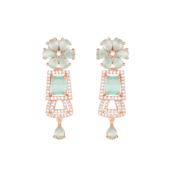 Estele Rose Gold Plated CZ Glimmering Dulhan Necklace Set with Mint Green and White Crystals for Women