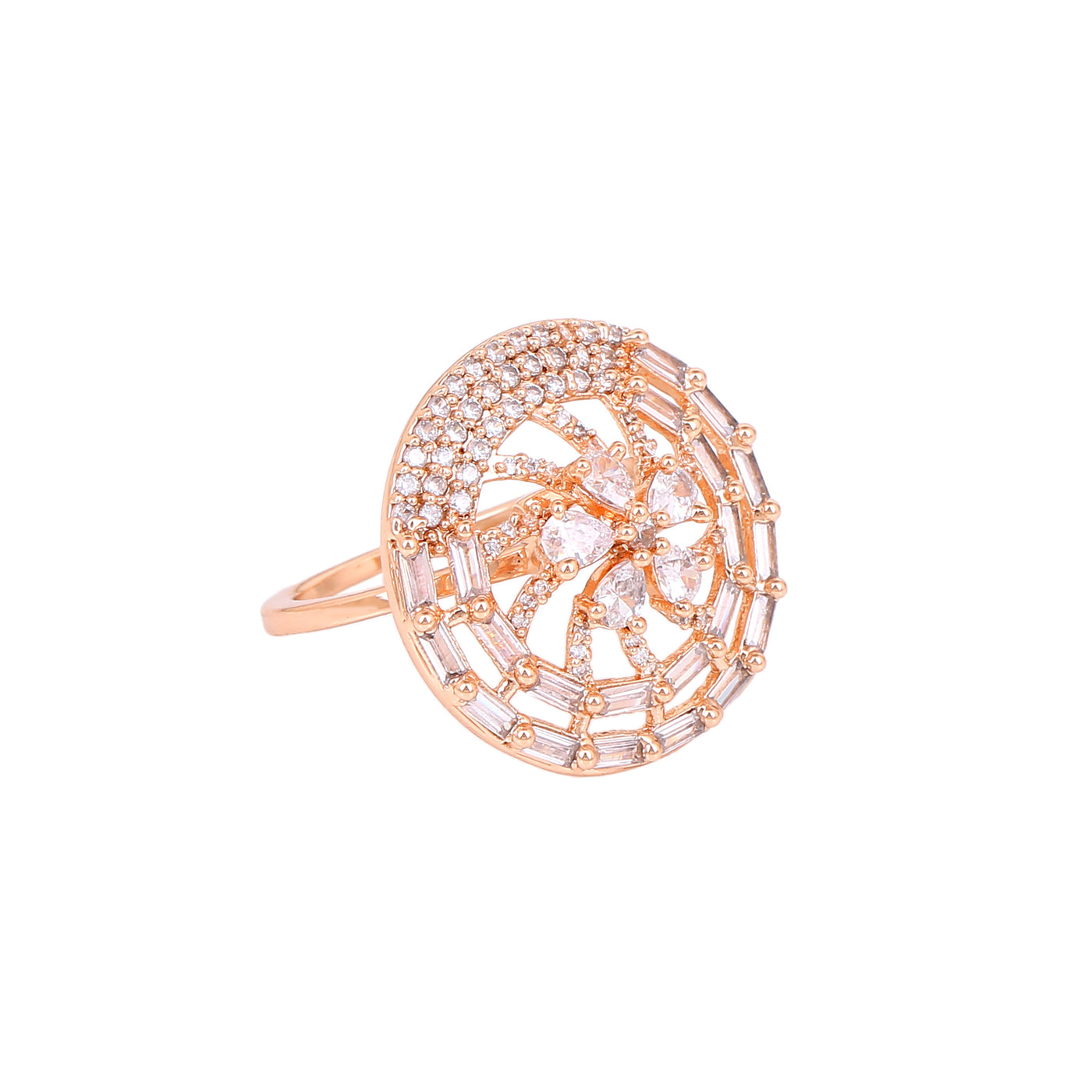 Estele Rose Gold Plated CZ Flower Designer Finger Ring for Women(Adjustable)