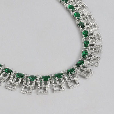 Estele Rhodium Plated CZ Sparkling Necklace Set with Green Stones for Women