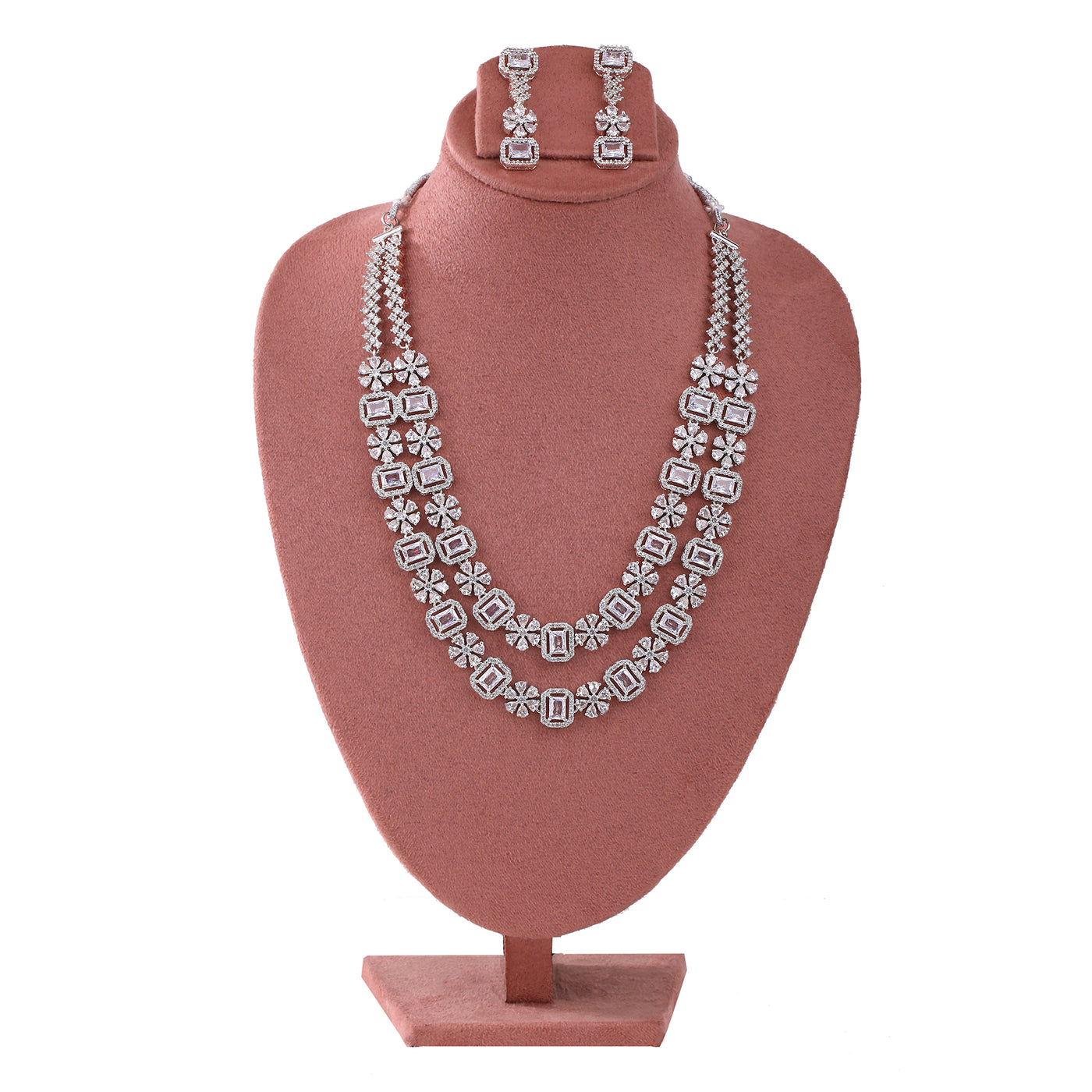 Estele Rhodium Plated CZ Ravishing Designer Double Layered Necklace Set with White Crystals for Women