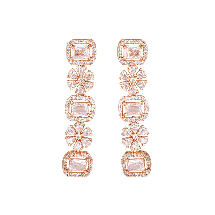 Estele Rose Gold Plated CZ Dazzling Three Layered Dulhan Necklace Set with White Stones for Women