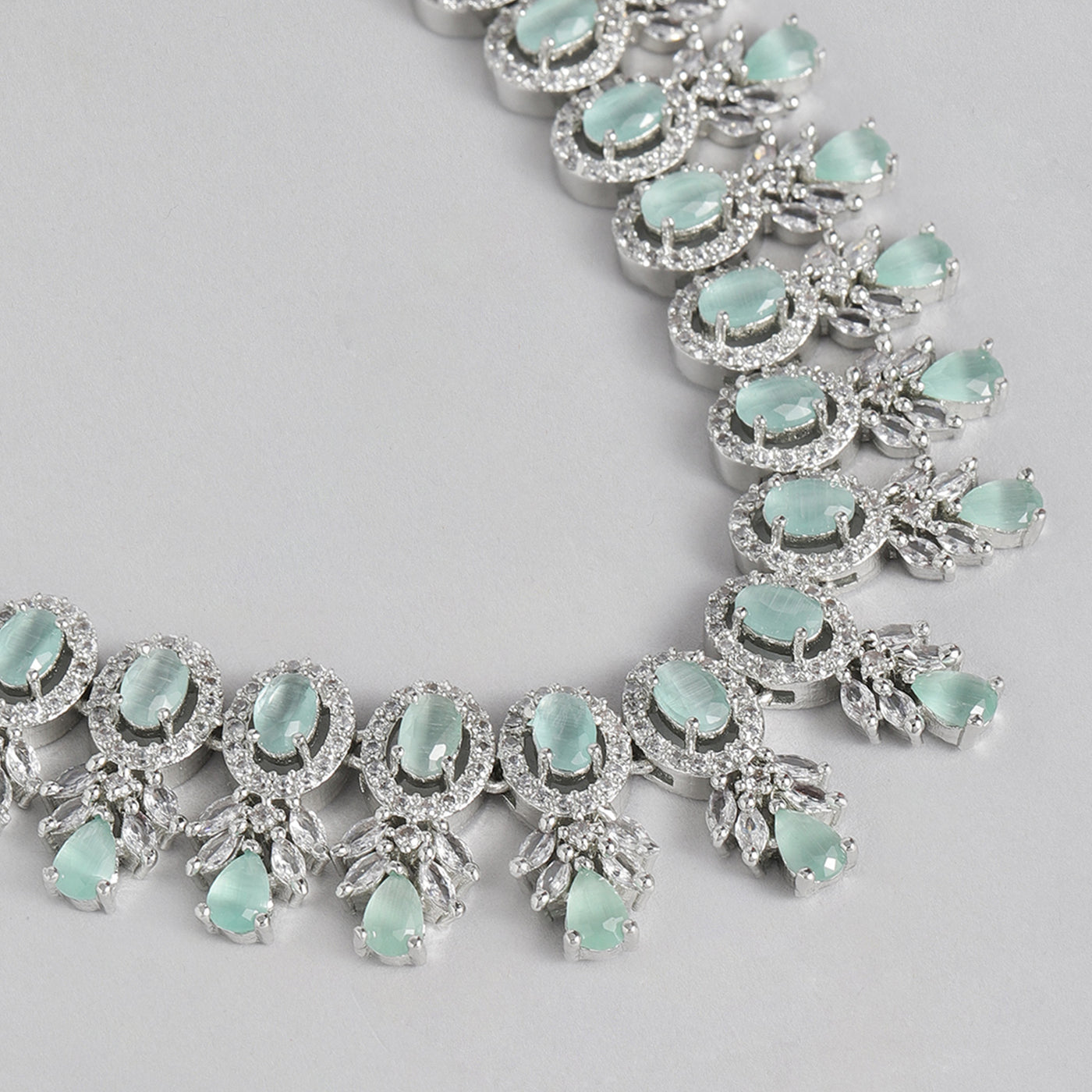 Estele Rhodium Plated CZ Exquisite Necklace Set with Mint Green Stones for Women