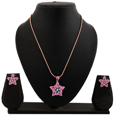 Estele Rose Gold Plated Flower Shaped Necklace Set with Enamel for Women