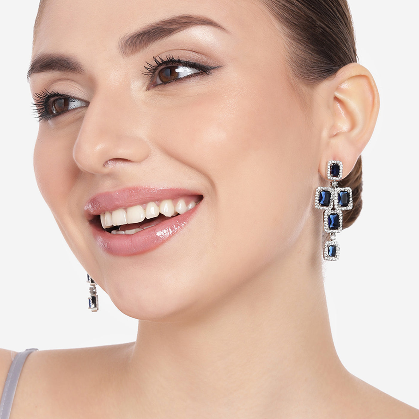 Estele Rhodium Plated CZ Dazzling Earrings with Blue Stones for Women