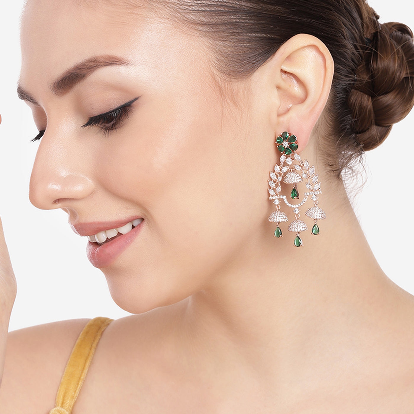 Estele Rose Gold Plated CZ Fascinating Jhumki Earrings with Green Stones for Women