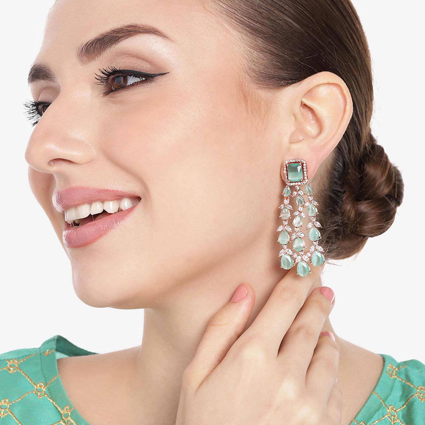 Estele Rose Gold Plated CZ Ravishing Earrings with Mint Green Stones for Women