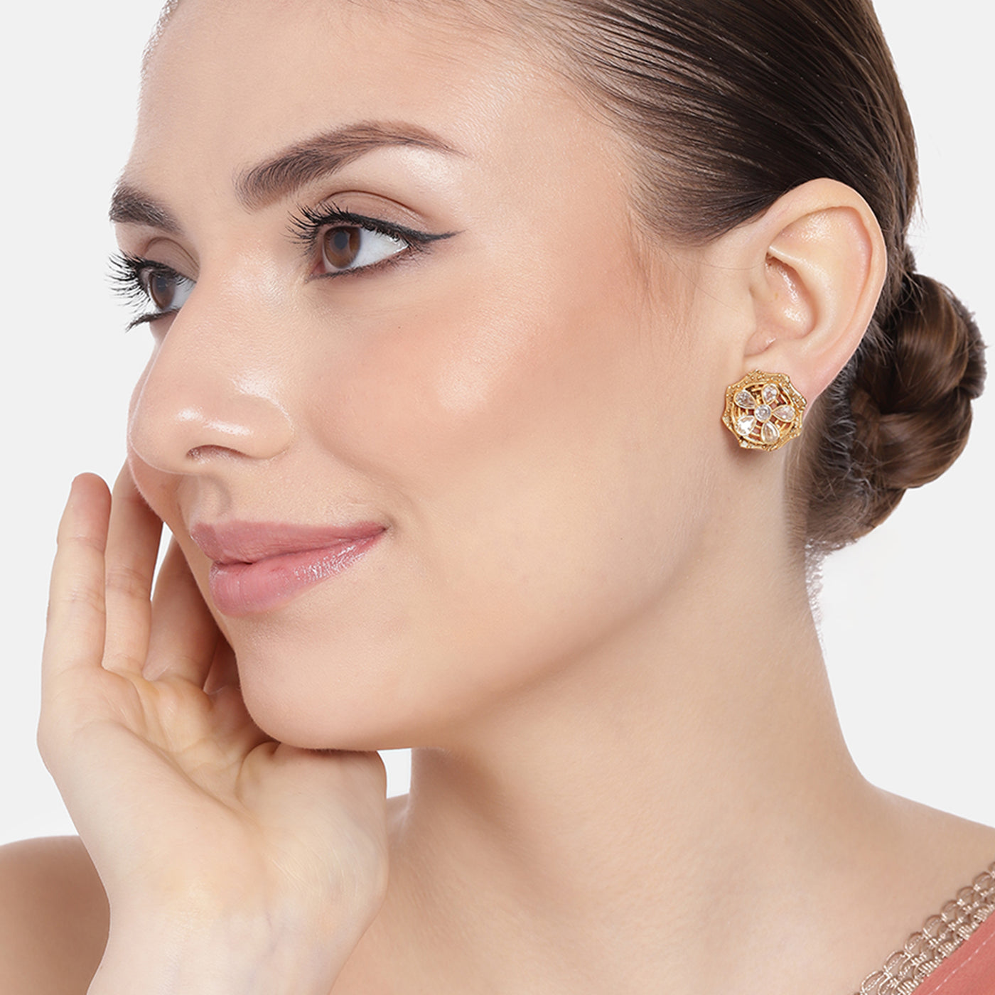 Estele Gold Plated Sparkling Flower Designer Matt Finish Stud Earrings with White Crystals for Women