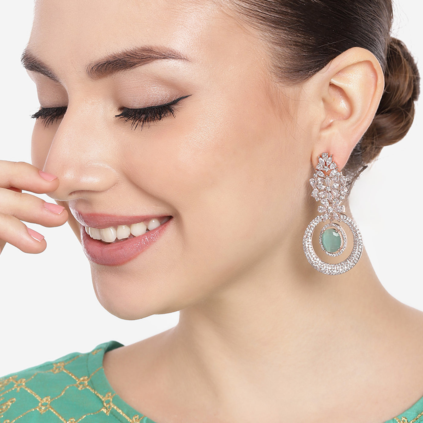 Estele Rose Gold Plated CZ Glamorous Drop Earrings with Mint Green Stones for Women