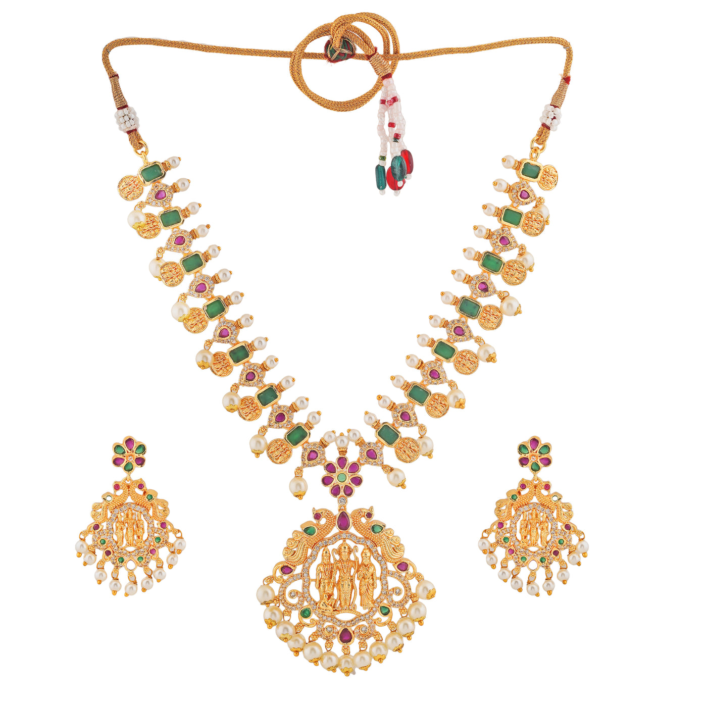 Estele Gold Plated CZ Divine Ram Parivar Designer Bridal Pearls Necklace Set for Women