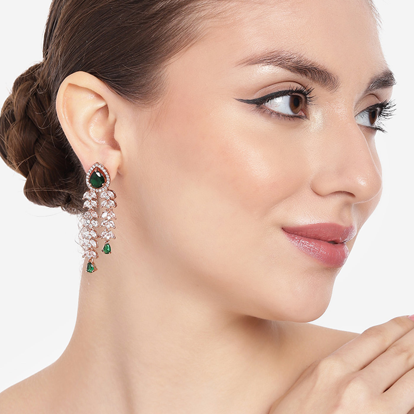 Estele Rose Gold Plated CZ Glimmering Earrings with Green Stones for Women