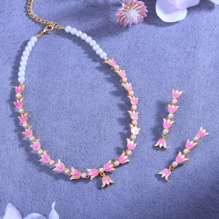 Estele Gold Plated Vintage Lotus Designer Pearl Studded Necklace Set with Pink Enamel for Girl's & Women