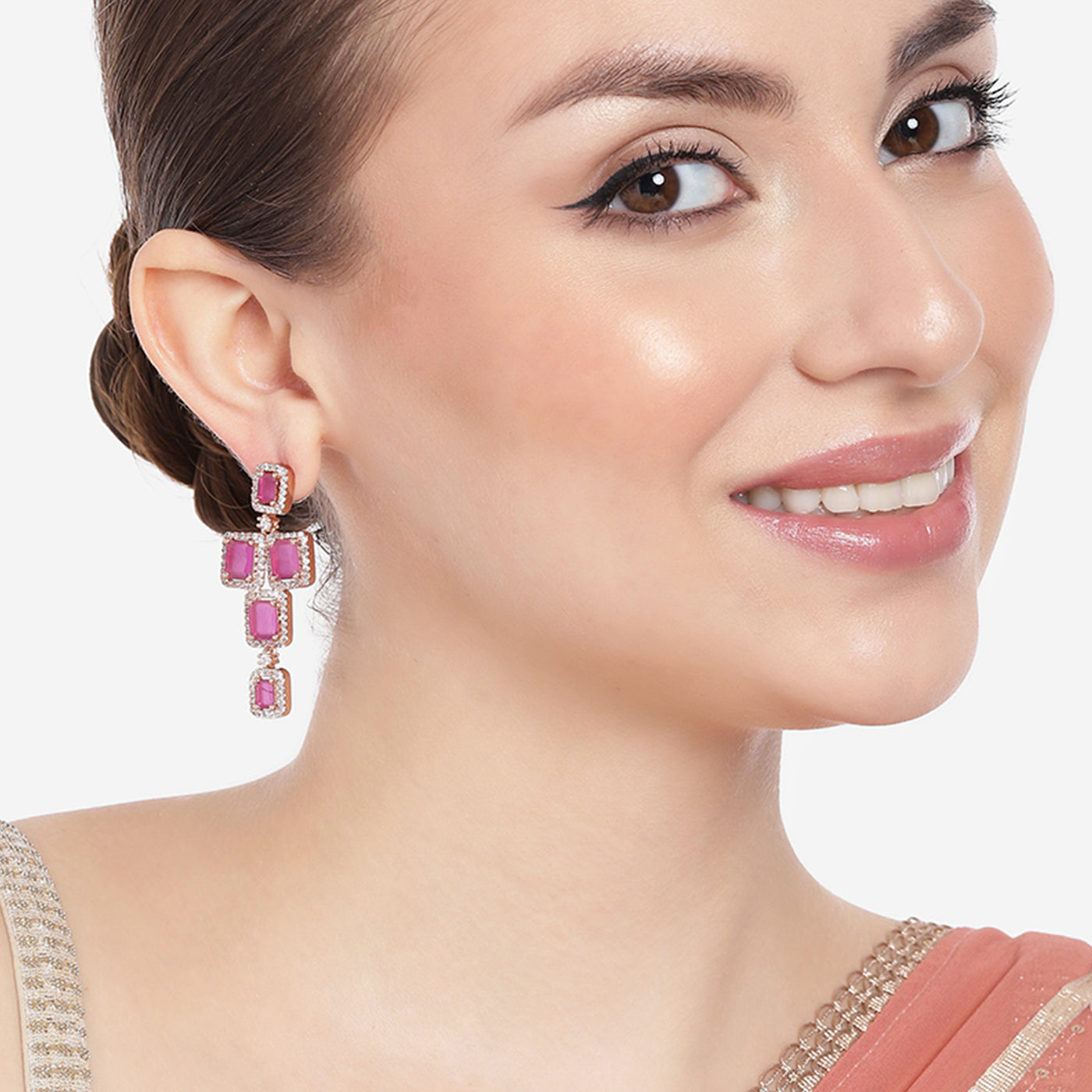 Estele Rose Gold Plated CZ Dazzling Earrings with Ruby Stones for Women