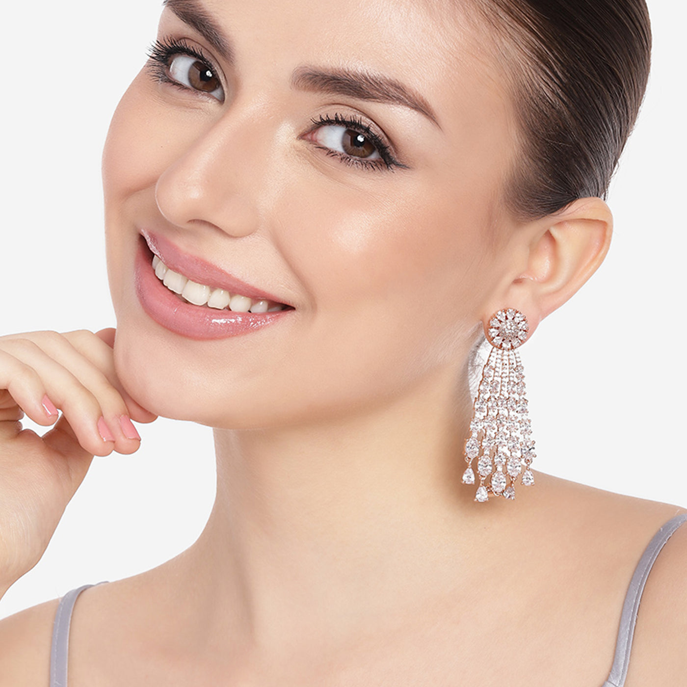 Estele Rose Gold Plated CZ Shimmering Earrings with White Stones for Women