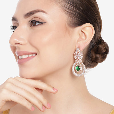 Estele Rose Gold Plated CZ Glamorous Drop Earrings with Green Stones for Women