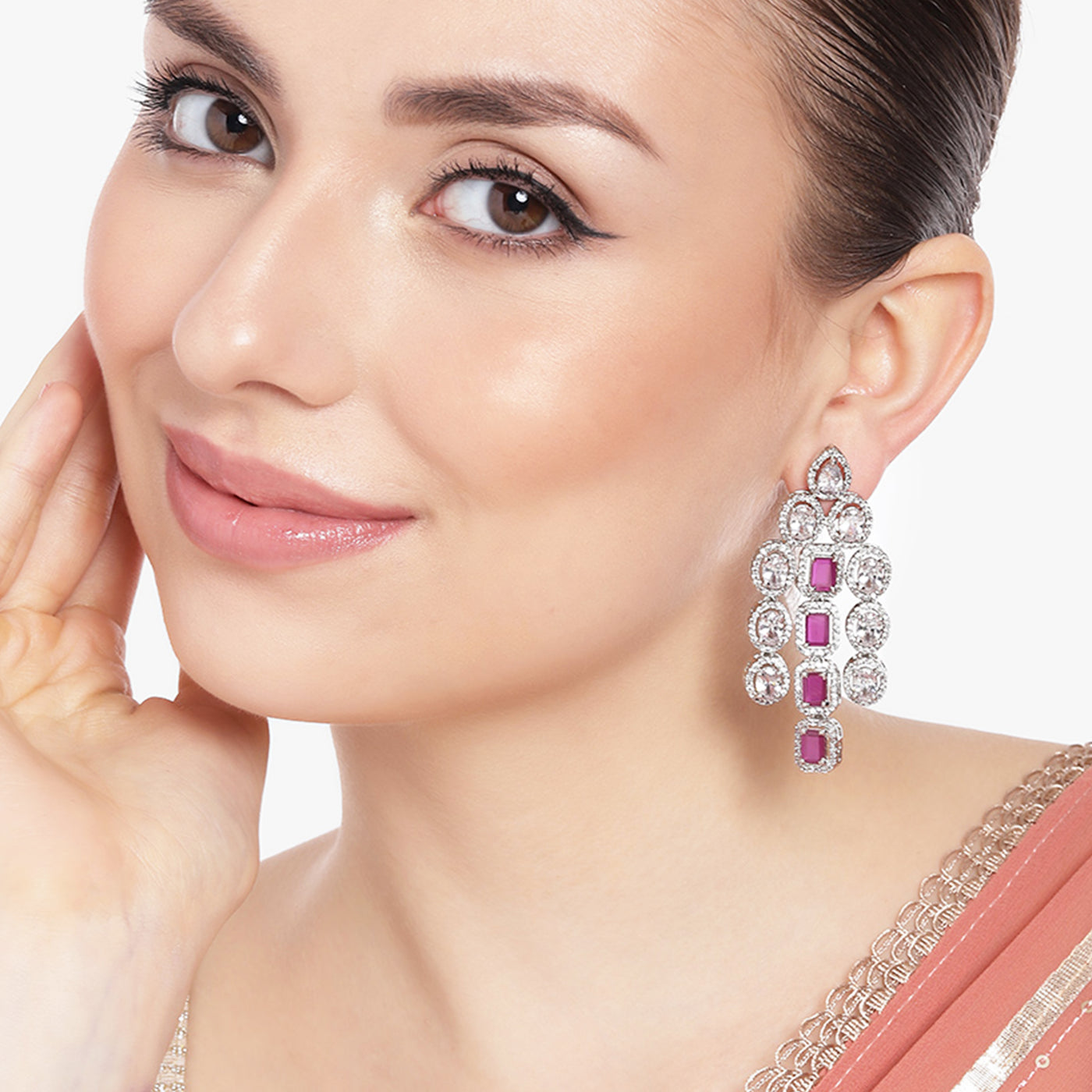 Estele Rhodium Plated CZ Scintillating Earrings with Ruby Stones for Women