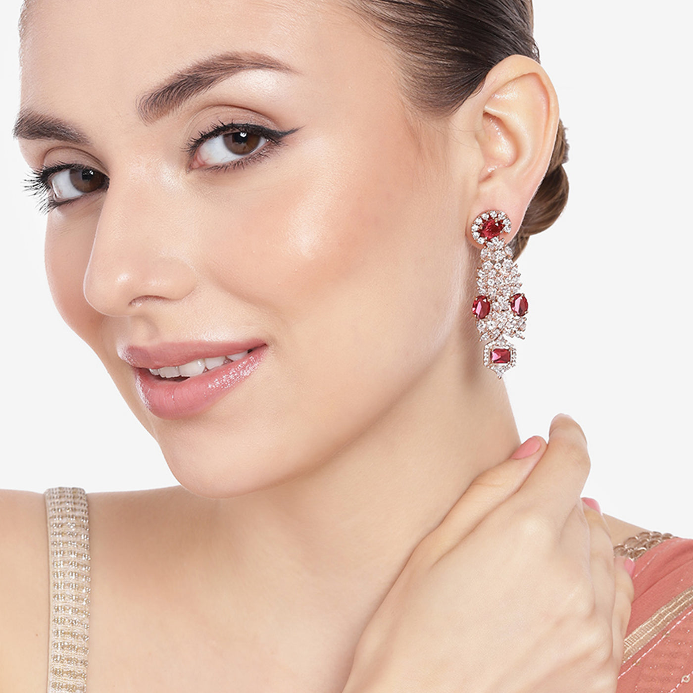 Estele Rose Gold Plated CZ Astonishing Earrings with Tourmaline Pink Stones for Women