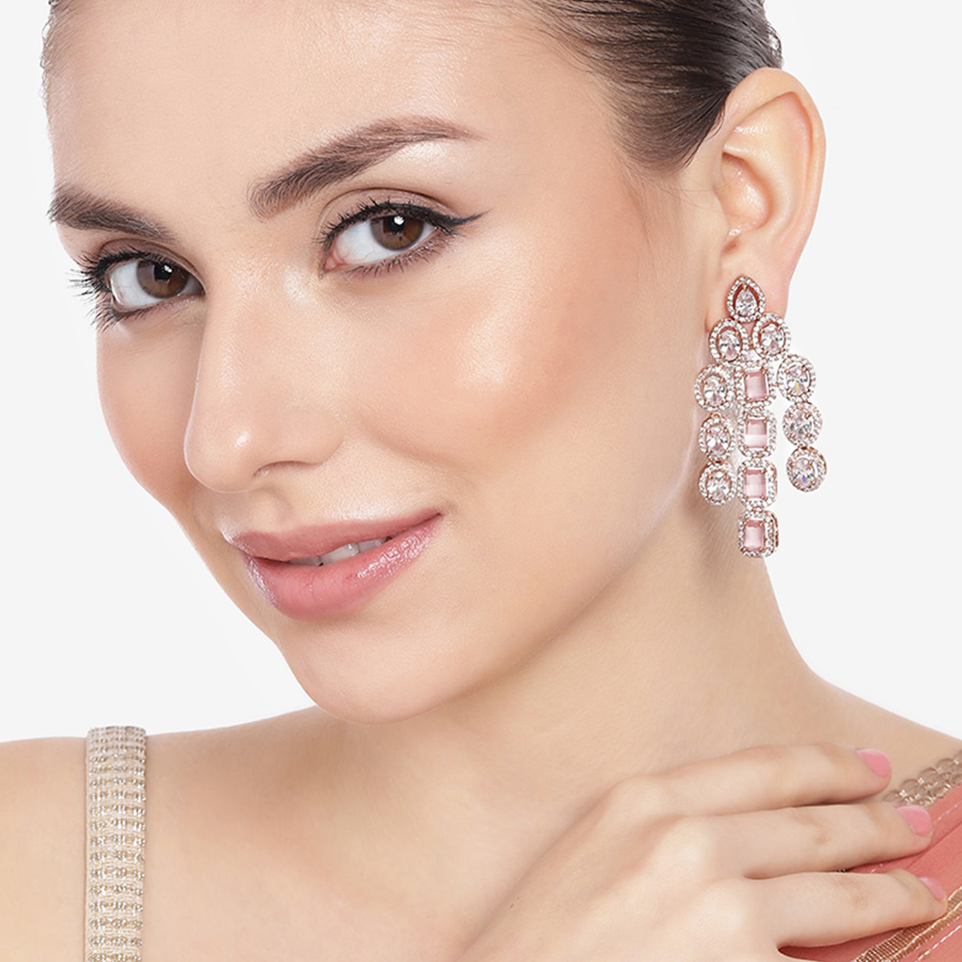 Estele Rose Gold Plated CZ Scintillating Earrings with Mint Pink Stones for Women