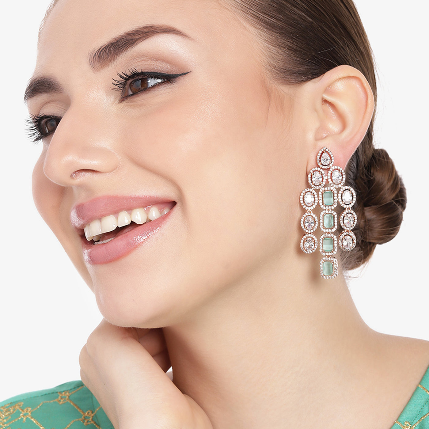 Estele Rose Gold Plated CZ Scintillating Earrings with Mint Green Stones for Women