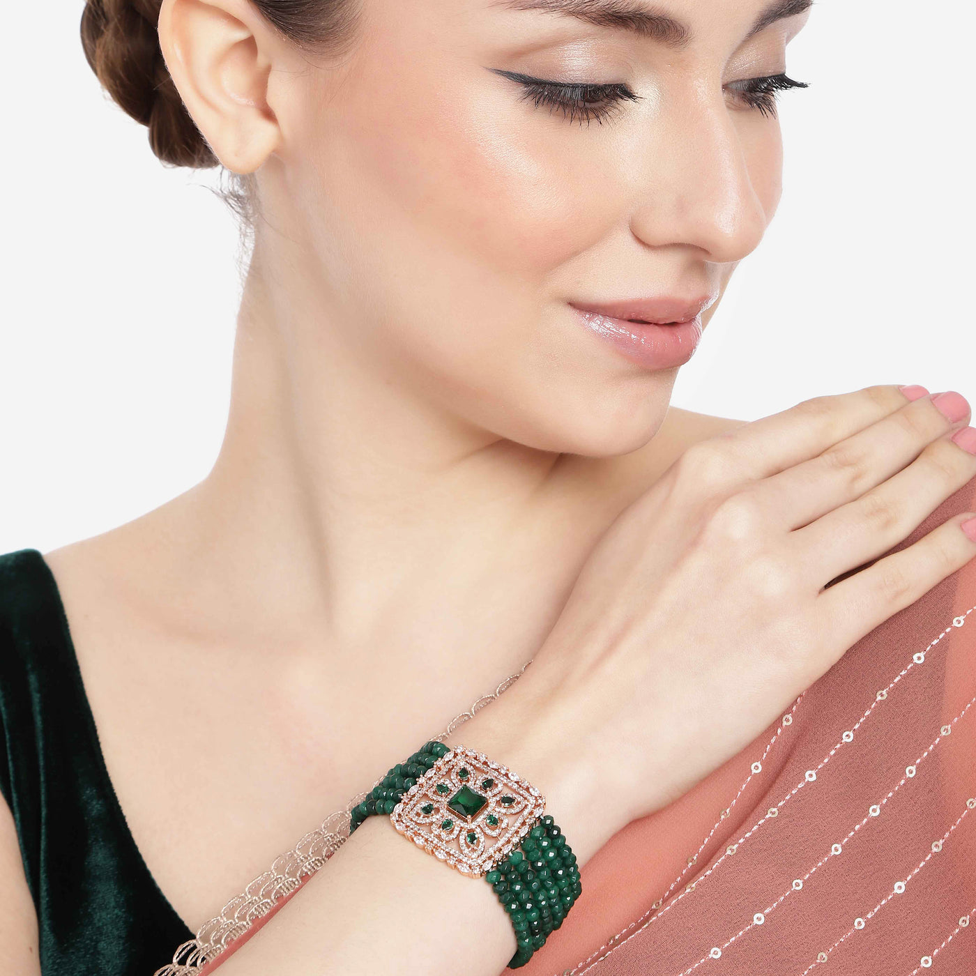 Estele Rose Gold Plated CZ Ravishing Multi-Layered Bracelet With Green Stones For Women