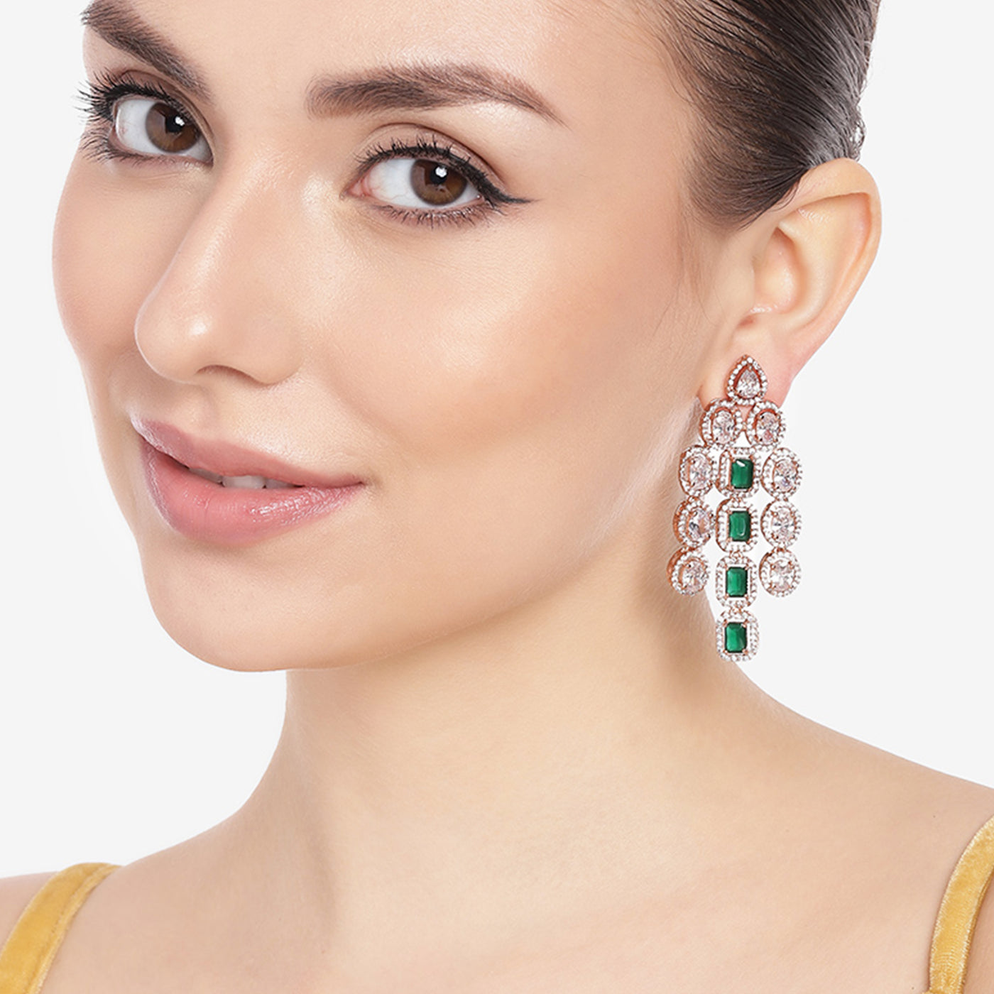 Estele Rose Gold Plated CZ Scintillating Earrings with Green Stones for Women