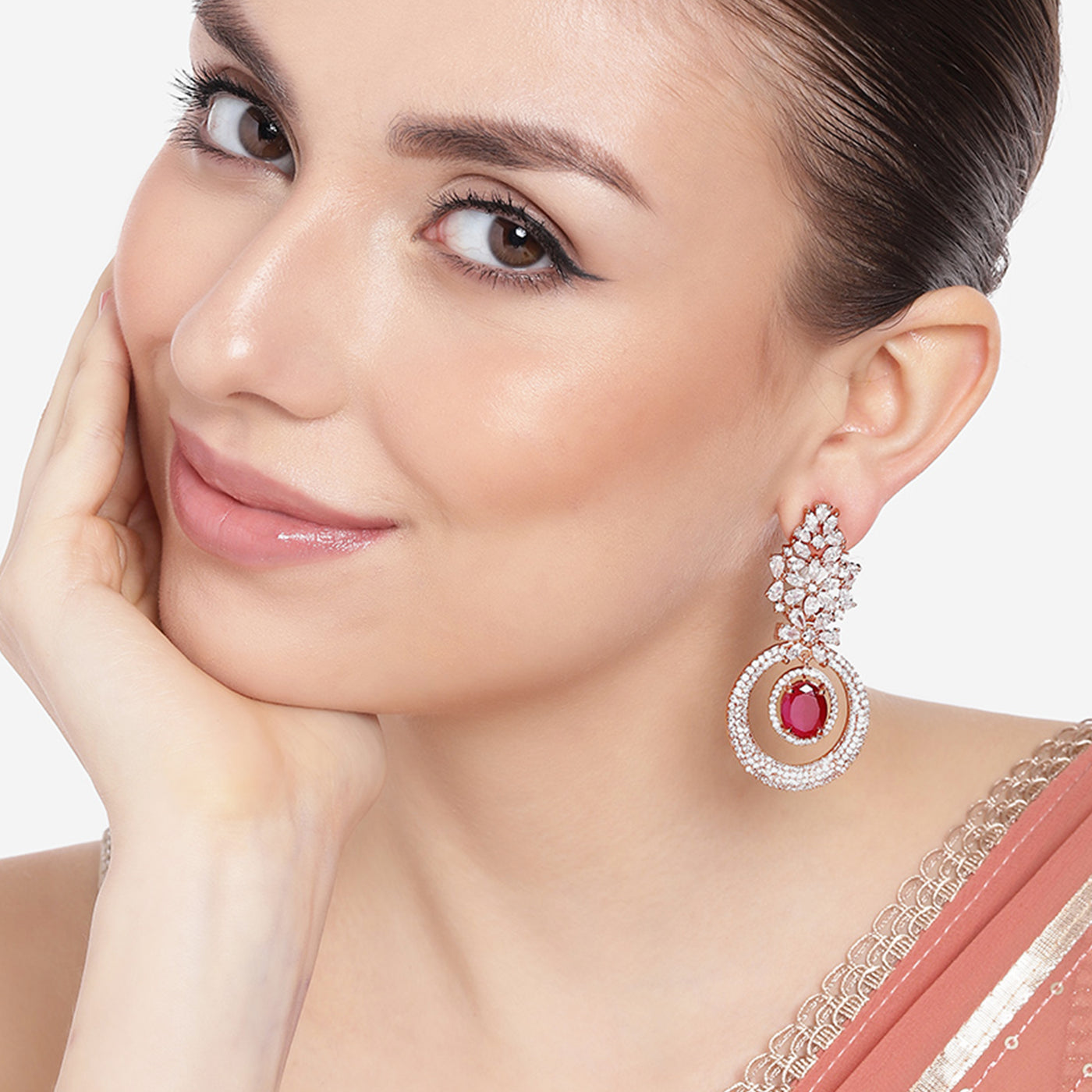 Estele Rose Gold Plated CZ Glamorous Drop Earrings with Ruby Stones for Women