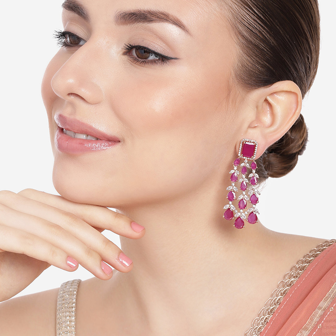 Estele Rose Gold Plated CZ Ravishing Earrings with Ruby Stones for Women