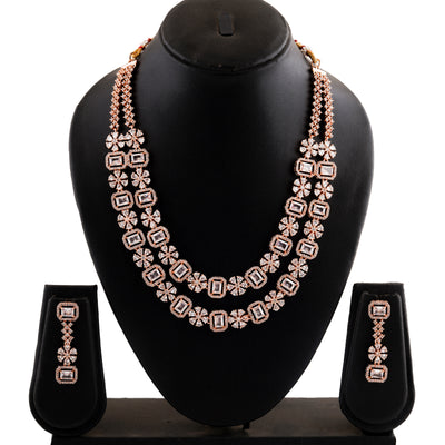 Estele Rose Gold Plated CZ Fascinating Double Layered Necklace Set with White Crystals for Women