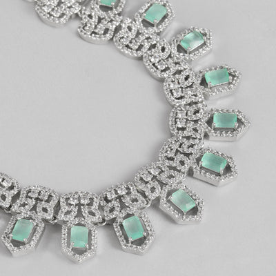 Estele Rhodium Plated CZ Shimmering Necklace Set with Mint Green Crystals for Women
