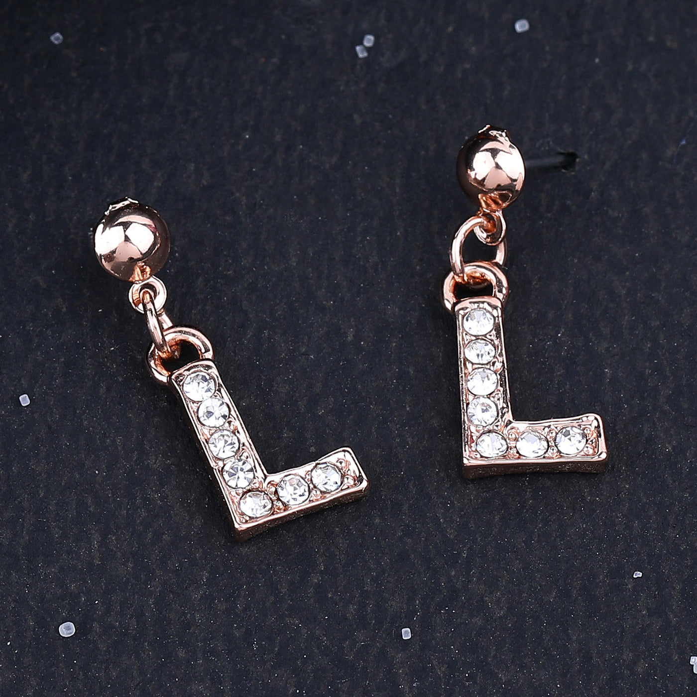 Estele Rose Gold Plated Magnificent Medium 'L' Letter Earrings with Crystals for Women