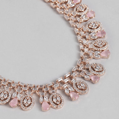 Estele Rose Gold Plated CZ Fascinating Necklace Set with Mint Pink Crystals for Women