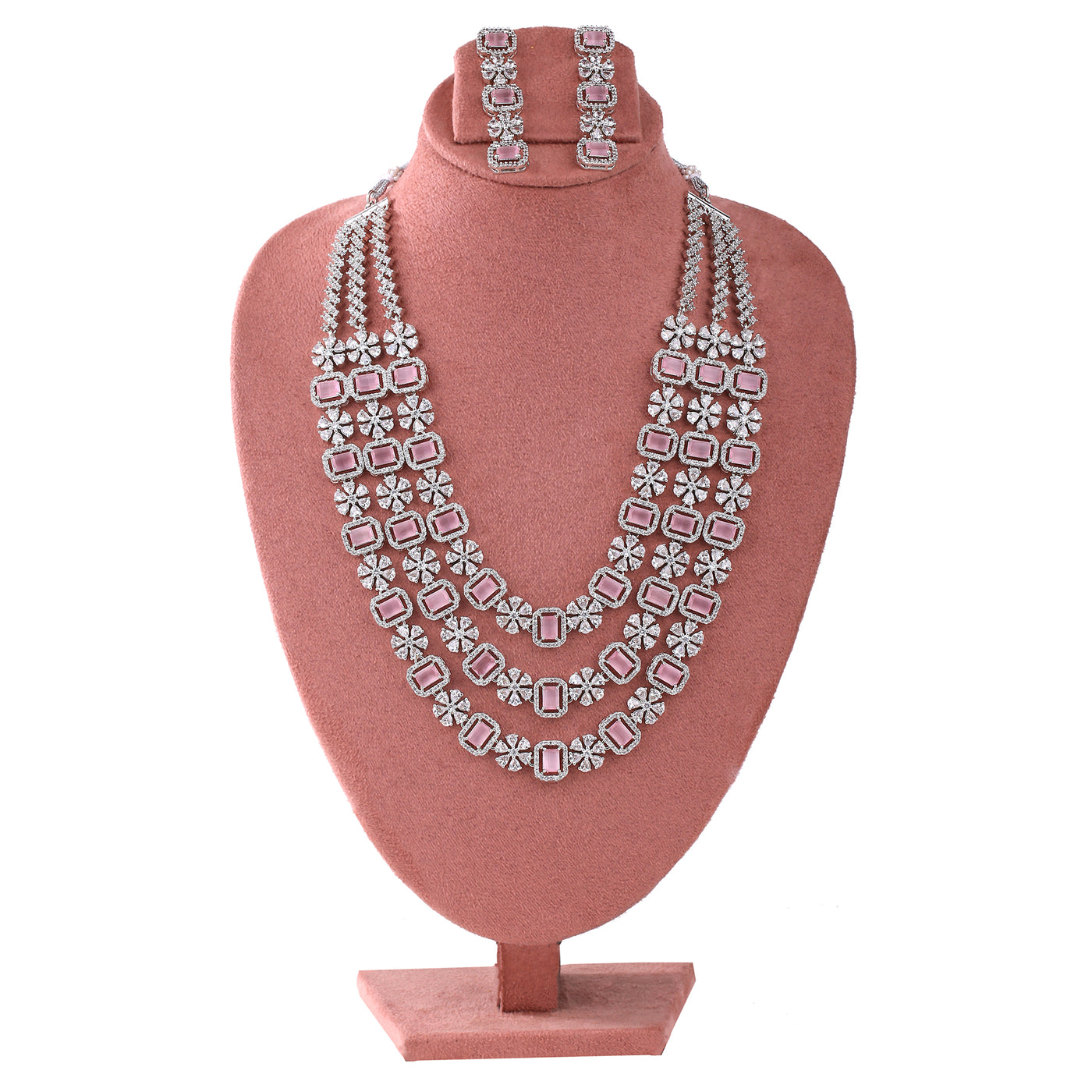 Estele Rhodium Plated CZ Fascinating Three Layered Necklace Set with Mint Pink and White Crystals for Women